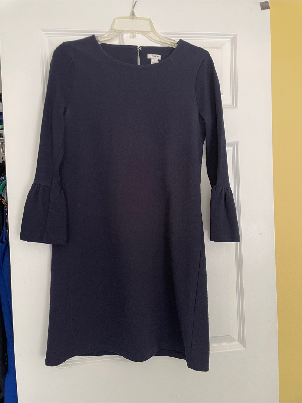 J. Crew Navy Textured Shift Dress with Bell Sleeves